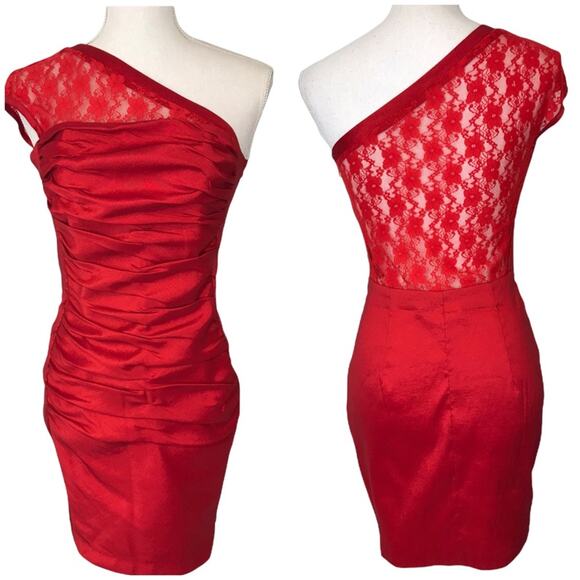 Jessica McClintock One shoulder lace cocktail ruched dress. 5 - Picture 1 of 11